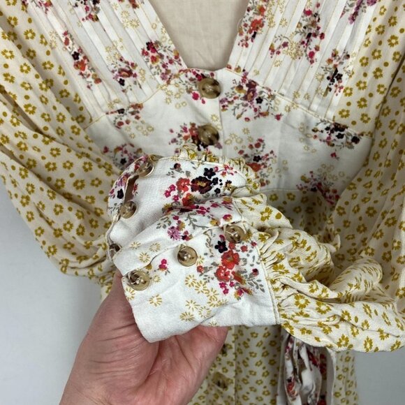 Free People Wonderland Mini Dress Button Down Tie Waist Floral Size XS Bohemian - Picture 10 of 16